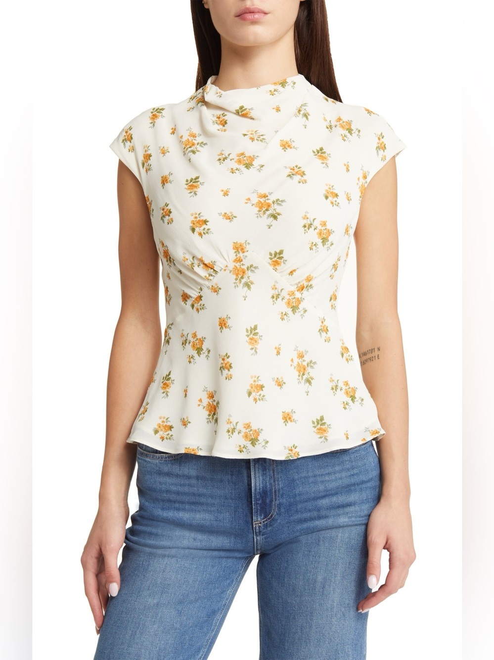 new Reformation Bettie mock neck cap sleeve blouse in Nicola cream floral